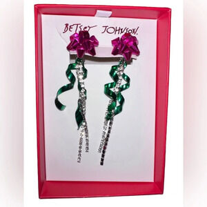 BETSEY JOHNSON Christmas Holiday Pink & Green Bow Ribbon Bling Earrings NEW NWT